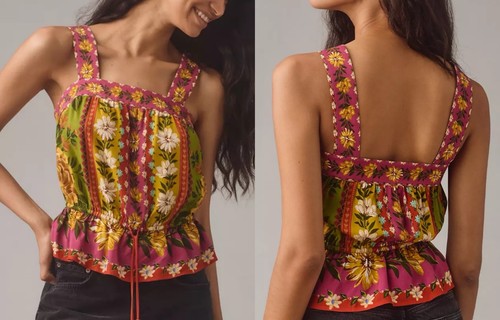 Blusa sin mangas Farm Rio Anthropologie Talla GRANDE Estampado Mixto Corbata Cintura Top Boho Usada en Excelente Condición - Imagen 2 de 13