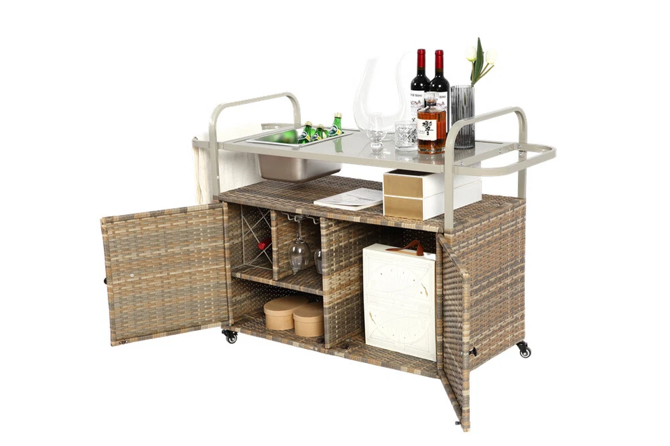 Outdoor Bar Table, Wicker Bar Cart with Cabinet, Patio Serving Cart for Garden B - Image 3 of 4