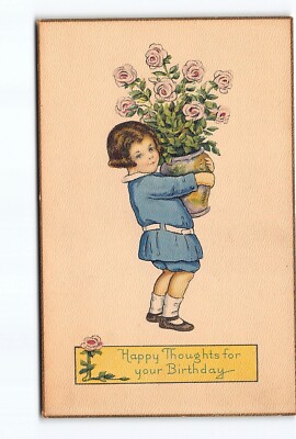 Happy Thoughts For Your Birthday Roses Girl DB Postcard Vtg Unposted Series 924 