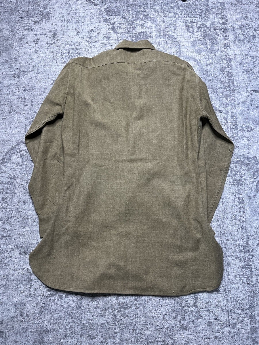 Vintage 40s WWII US Army OG Drab Green Wool Field Shirt Gas Flap