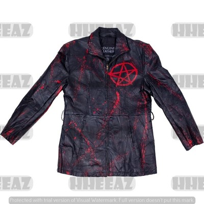 New Men's Gothic Punk Rock Red Anarchy Symbol Biker Cowhide Leather Long Coat