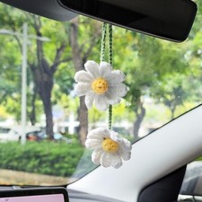 Crochet Daisy Car Mirror Accessories with Two White Flowers, Handmade Knitted...