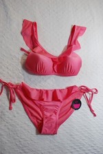 Jr Womens Swimsuit 2 PC STRING BIKINI SET Ruffles CORAL PINK Padded S 3-5