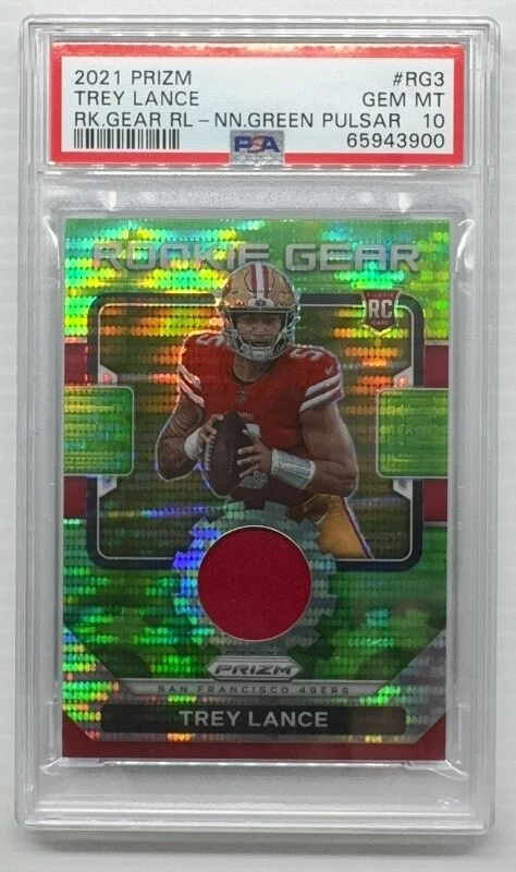 Trey Lance Panini Prizm Rookie Gear Relics #RG3 Neon Green Pulsar
