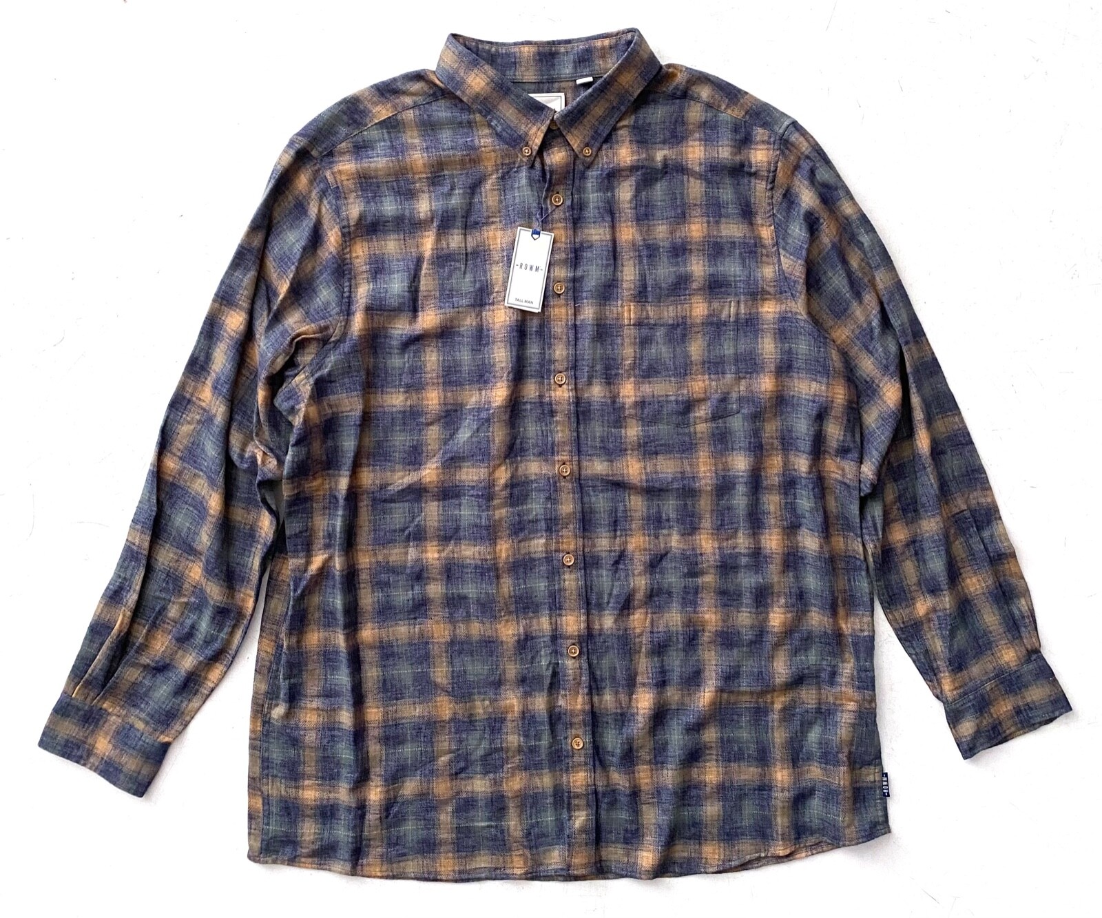 Rowm Shirt Blue Khaki Button Down Nwt Check Long Sleeve Cotton Blend B&T