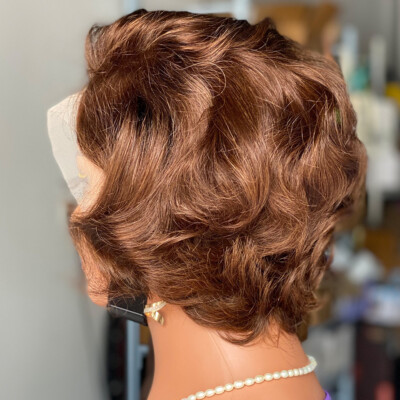 13x4 Lace frontal Human Hair Brown Wavy Pixie Cut Wig for Women Pre Plucked 