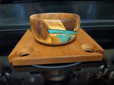 Vintage Mesquite Wood Turned Bowl w/ Turquoise Inlay  Base Signed