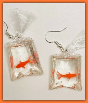 Bag Of Orange Fish Goldfish Earrings NWOT