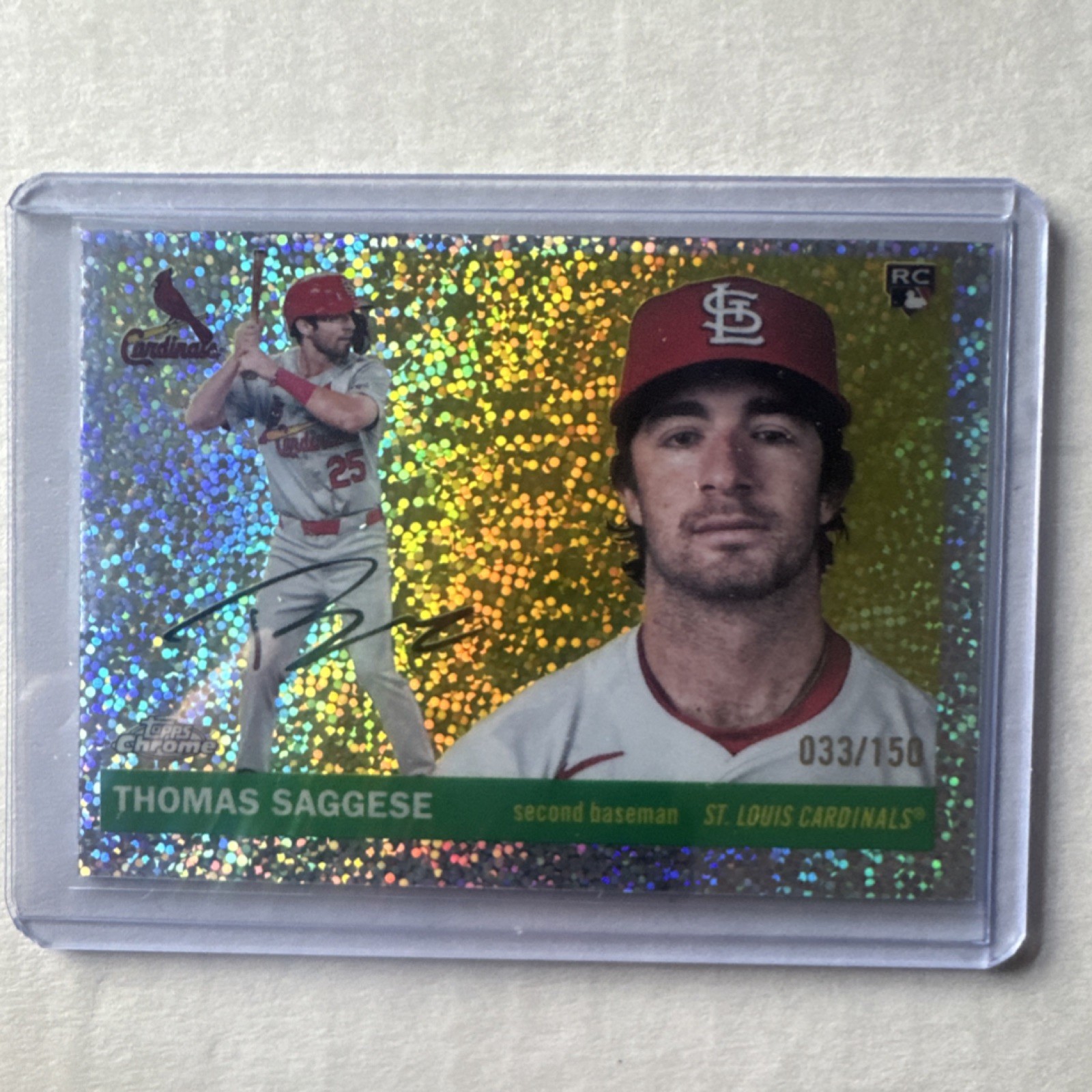 2025 Topps Chrome Platinum Thomas Saggese Speckled Refractor RC /150 Cardinals