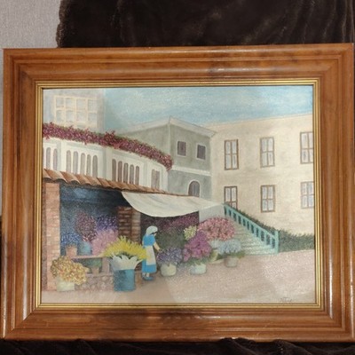 Naive Art Framed Canvas Painting Flower Market Street Scene Woman 16x20