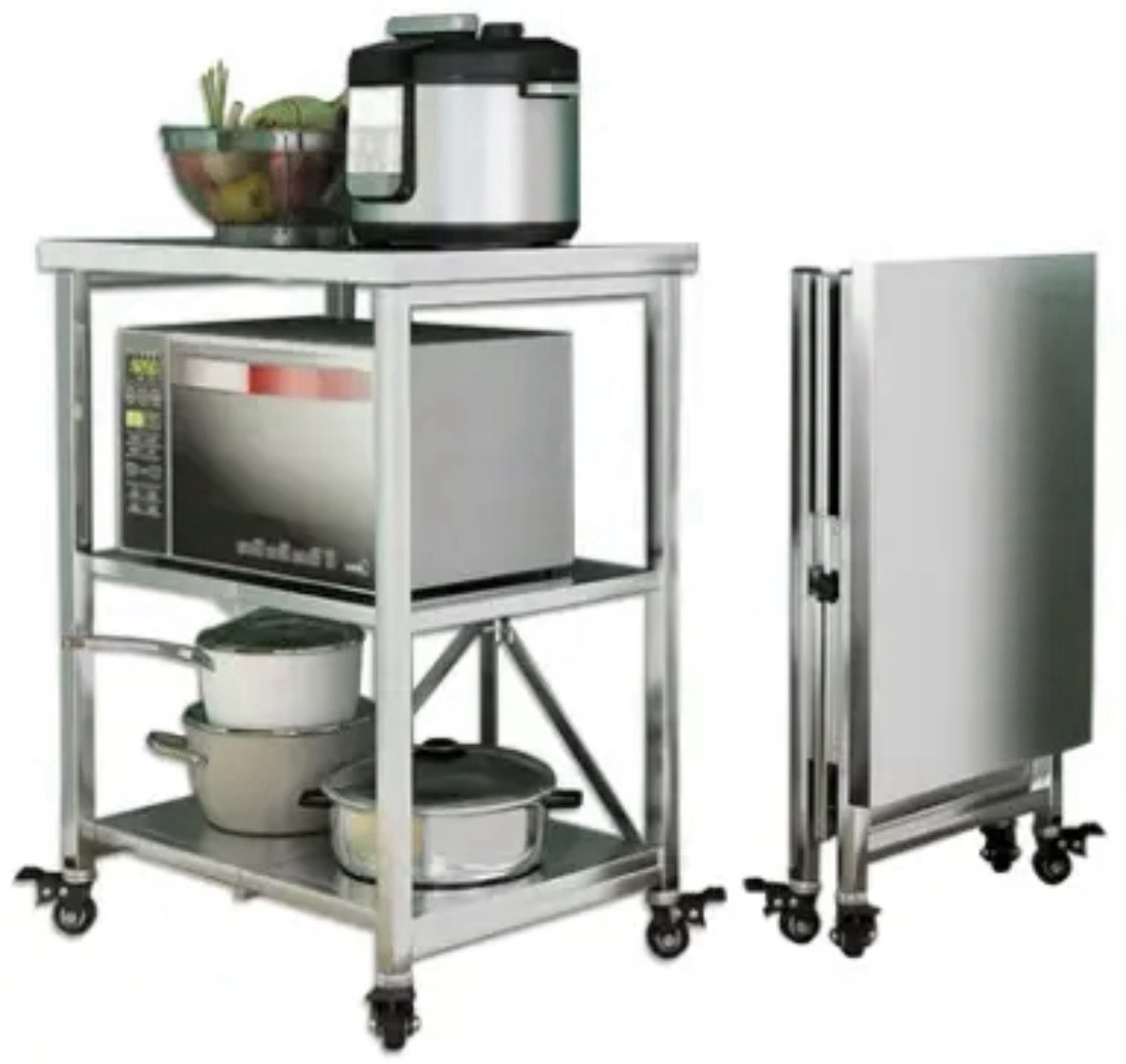 Faltbarer Servierwagen, klappbarer Küchenwagen, Küchenwagen aus Edelstahl Silber