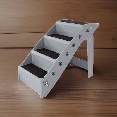4-Step Foldable Dog Stairs Gray Plastic Portable Pet Steps for Bed Car PETMAKER