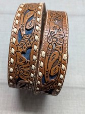 vintage TOOLED buckle belt 32 leather WESTERN brown FLORAL cutout LACED rodeo