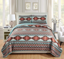 Rustic Southwestern Quilt Stitched Western Bedspread Bedding Set with Tribal Nat