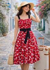 NWOT Carolina Herrera Rose-Print Ruched Midi Dress - BCI Cotton Sz12