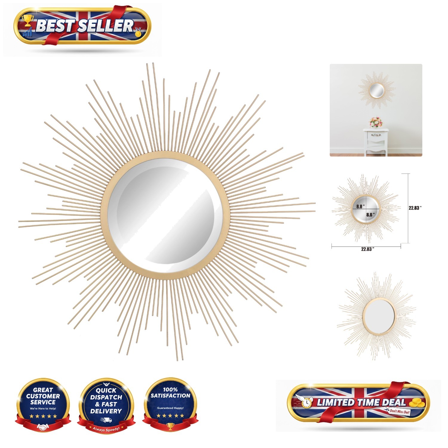 Versatile 23"" Antique Gold Starburst Mirror - Ideal for Living Room or Bathroom