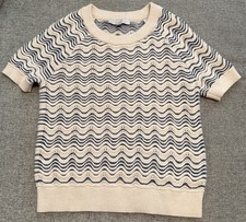 Loft Sz.XS Crochet Sweater Short Sleeve Crew Neck Blue/Ivory Strip