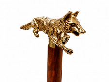 Brass Running Wolf Head Handle Walking Stick Brown Wooden Cane 3-Fold Stick