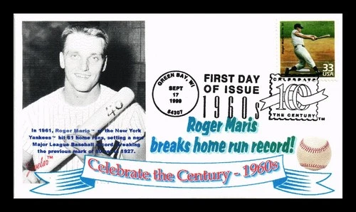 US COVER ROGER MARIS BASEBALL 61 IN 61 CELEBRATE CENTURY FDC JUVELAR CACHET