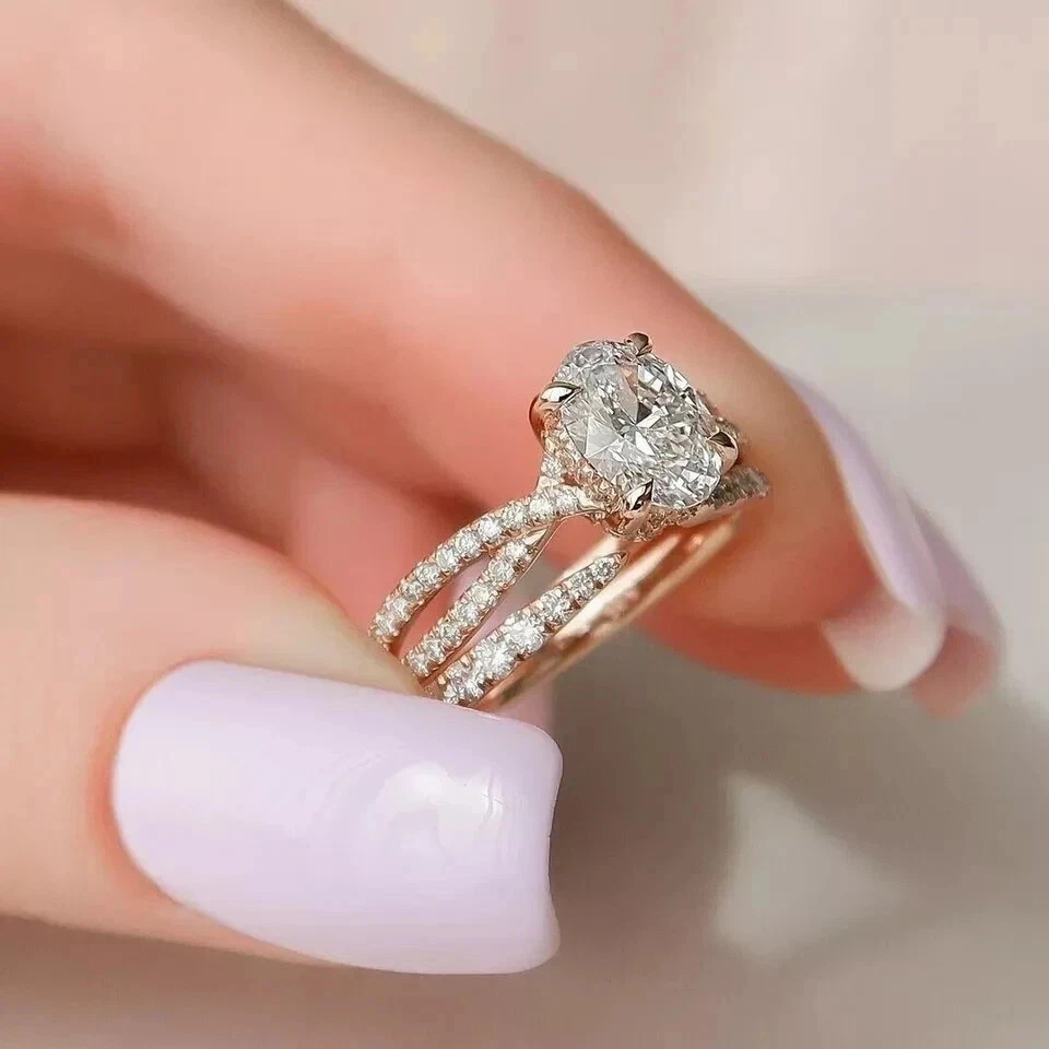 1.80 Ct Oval Lab-Created Diamond 14k Yellow Gold Plated Engagement Ring Band Set - Image 4 of 4