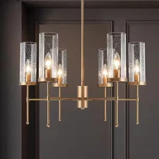 LNC Modern Satin Gold 6-Light Linear Island Chandelier, Seeded Glass Candlestick