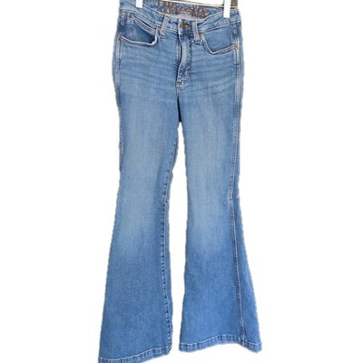 Wrangler Retro Jeans Thick Stitch Flare Womens 25 Bell Bottom Leather Patch Blue