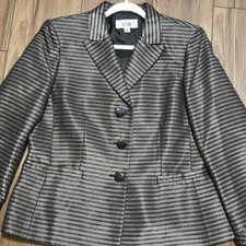 Le Suit Striped Blazer Jacket Size 14 Black Silver Metallic Formal Career Office