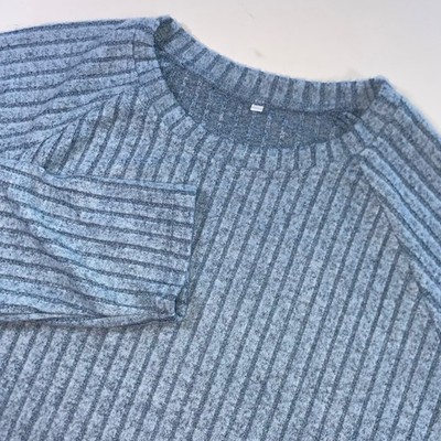 Womens XXL Heather Blue Ribbed Knit Long Sleeve Raglan Top Curved Hem Relaxed