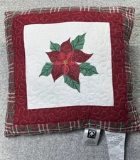 Poinsettia Quilted Embroidered Throw Pillow Red Green Plaid Floral Holiday