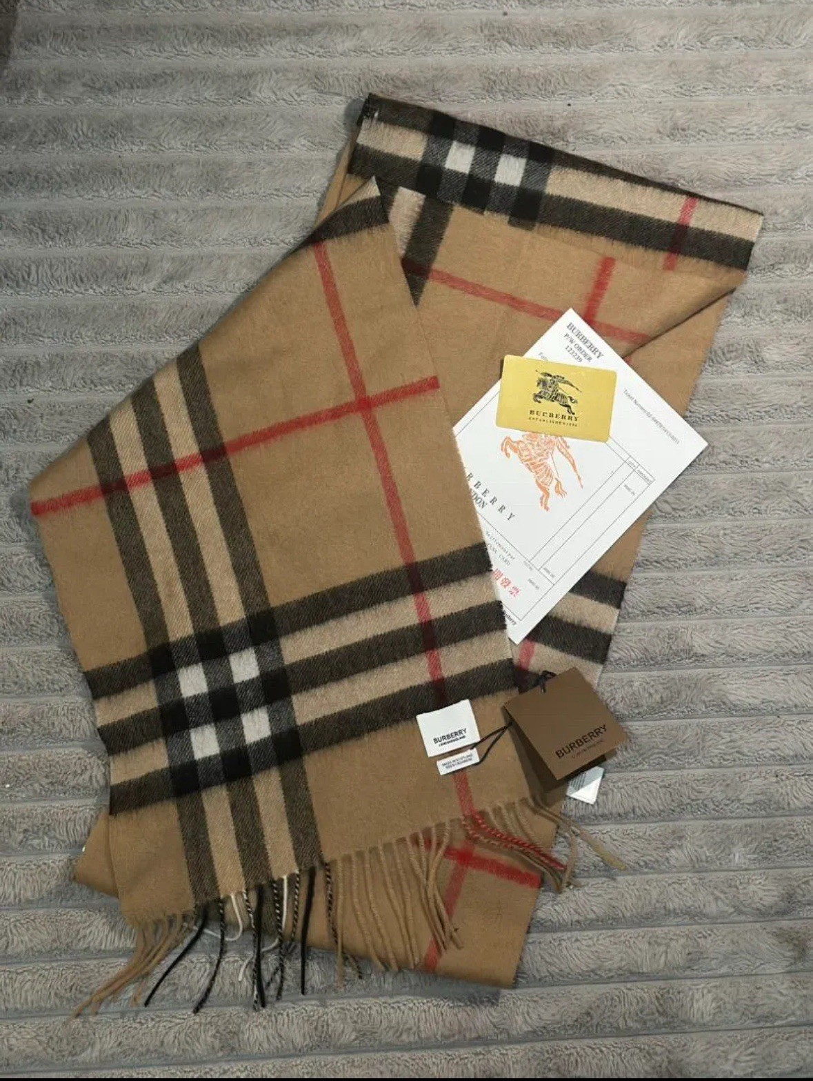 Burberry Cashmere Check Scarf Beige Black Red White Logo Fringe Rectangle