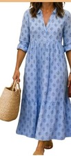IVERIRMIN Women's L Boho Floral Blue Long Sleeve V Neck Ruffles Maxi Dress