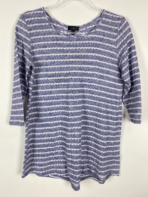 The Limited Top Womens Size M Purple White Striped 3/4 Sleeve Knitted Pullover