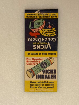 Vintage Matchbook Cover Vicks Medicated Cough Drops Inhaler Blue Background