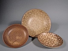 Lot of 3 Thai Thailand Pottery Wax Resist Decoration Shallow Bowls ca. 20th c.