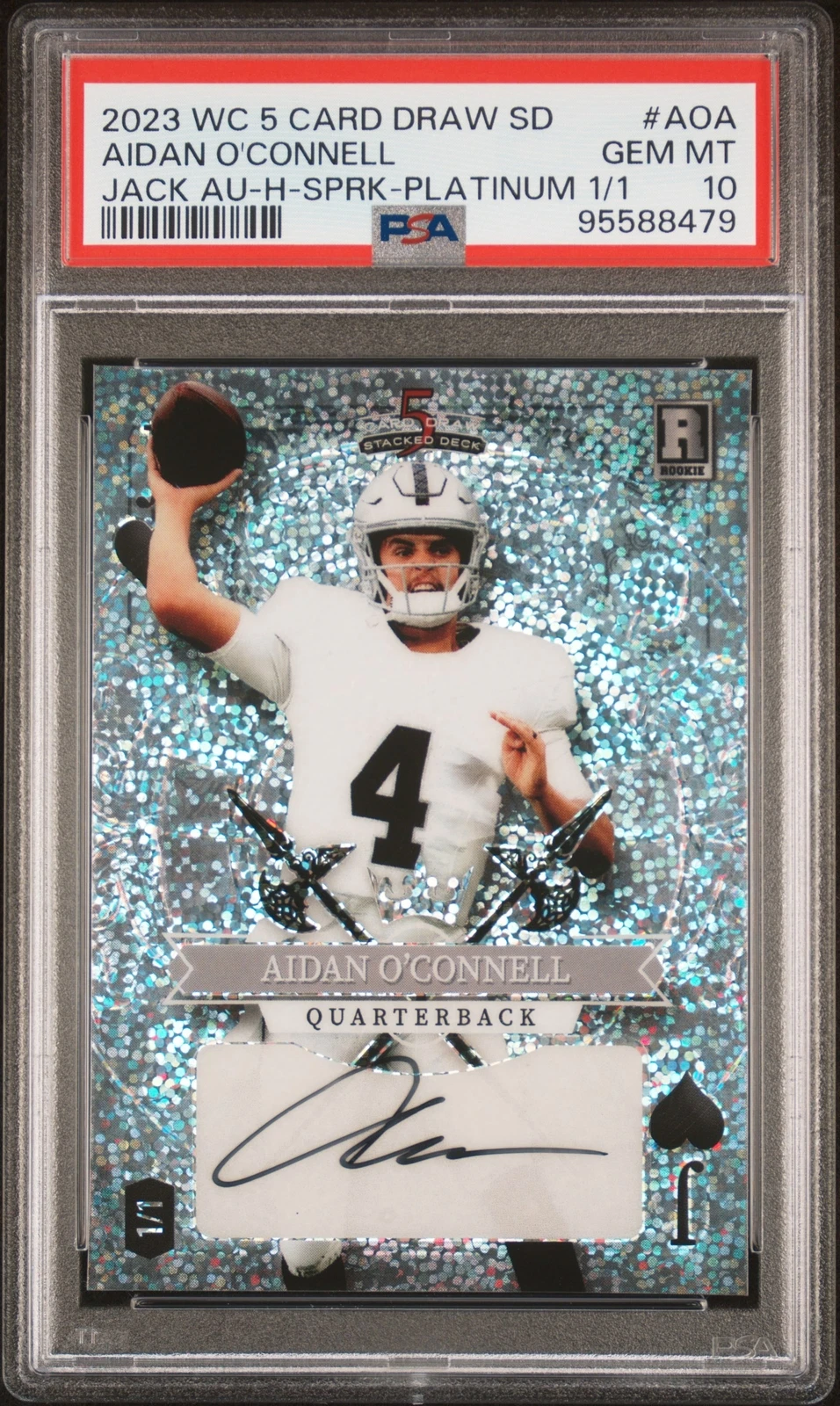 Aidan O'Connell Wild Card 5 Card Draw Stacked Deck Jack Autographs #AOA Heart-Sparkles Foil-Green