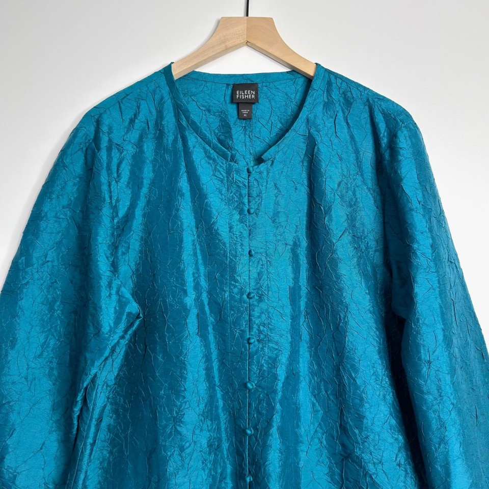 EILEEN FISHER Silk Textured Button Front Top Long Sleeve Shirt Blue