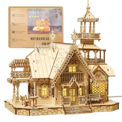 3D Wooden Puzzle Villa Castle w/ Light, DIY Model Kit, Xmas Gift for Kids & Adul
