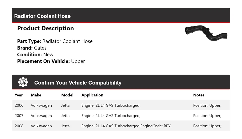 Manguera de refrigerante de radiador puertas superiores 2007 para Volkswagen Jetta 2006-2008 Foto 2 de 3