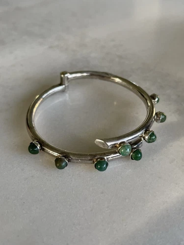 Vintage taxco navajo signed sterling silver snake eye jade clamper bracelet
