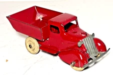 1930's Wyandotte Pressed Steel Red Dump Truck Wooden Wheels 6"