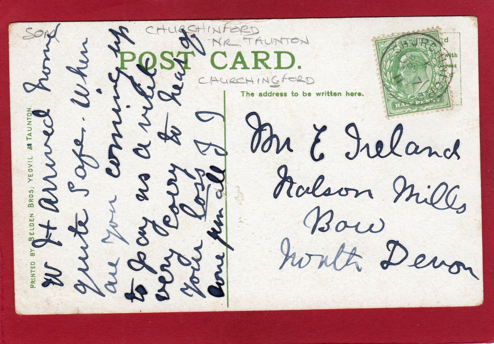 Churchinford Churchingford 1911 Single Circle Postmark Nr Taunton on pc