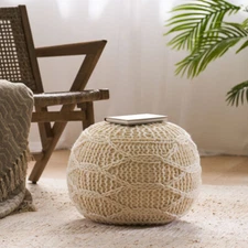 20 x 20 Malibu Knitted Wool Pouf, Round Ottoman for Modern Home Décor