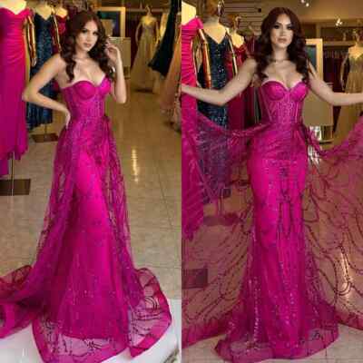 Fuchsia Mermaid Evening Dresses Sweetheart With Overskirts Sequins Formal Dress
