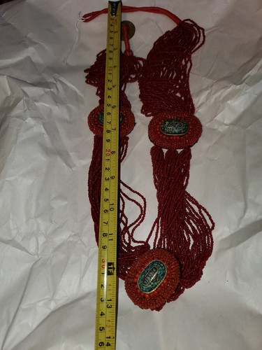 Red Hand Beaded 35" Small Belt or Necklace Faux Printed Turquoise (India) - Picture 5 of 6