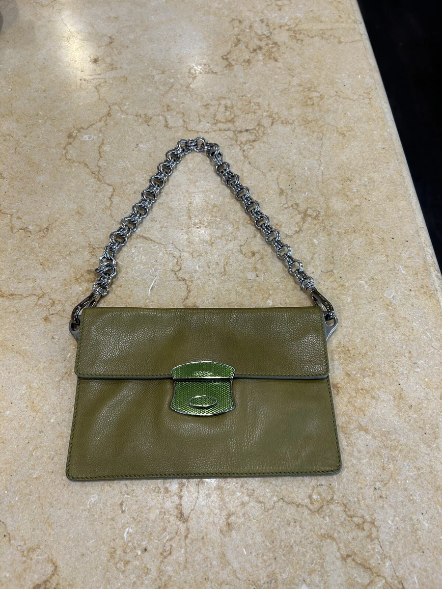 Authentic PRADA Italy Silver Chain Clutch Hand Bag Purse Buttery Leather  Green