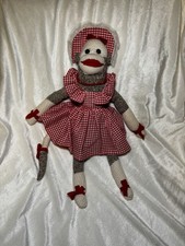 Vintage Handmade Girl Sock Monkey Doll With Hat Necklace And Gingham Dress