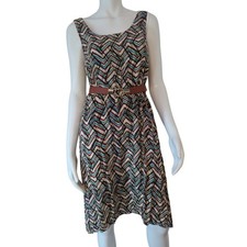 Calvin Klein Tan Brown Teal Rust Sleeveless Fit and Flare Hi-Low Belt dress Sz 6