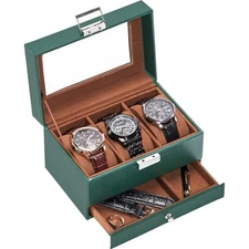  Watch Box for Men, 3 Slot Watch Display Case with Drawer, Mens Watch Case 