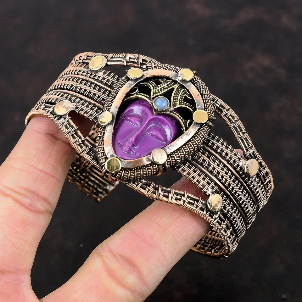 Pulseira de cobre pera roxa esculpida rosto pedra arco-íris pedra da lua esposa fio embrulhado - Imagem 3 de 4