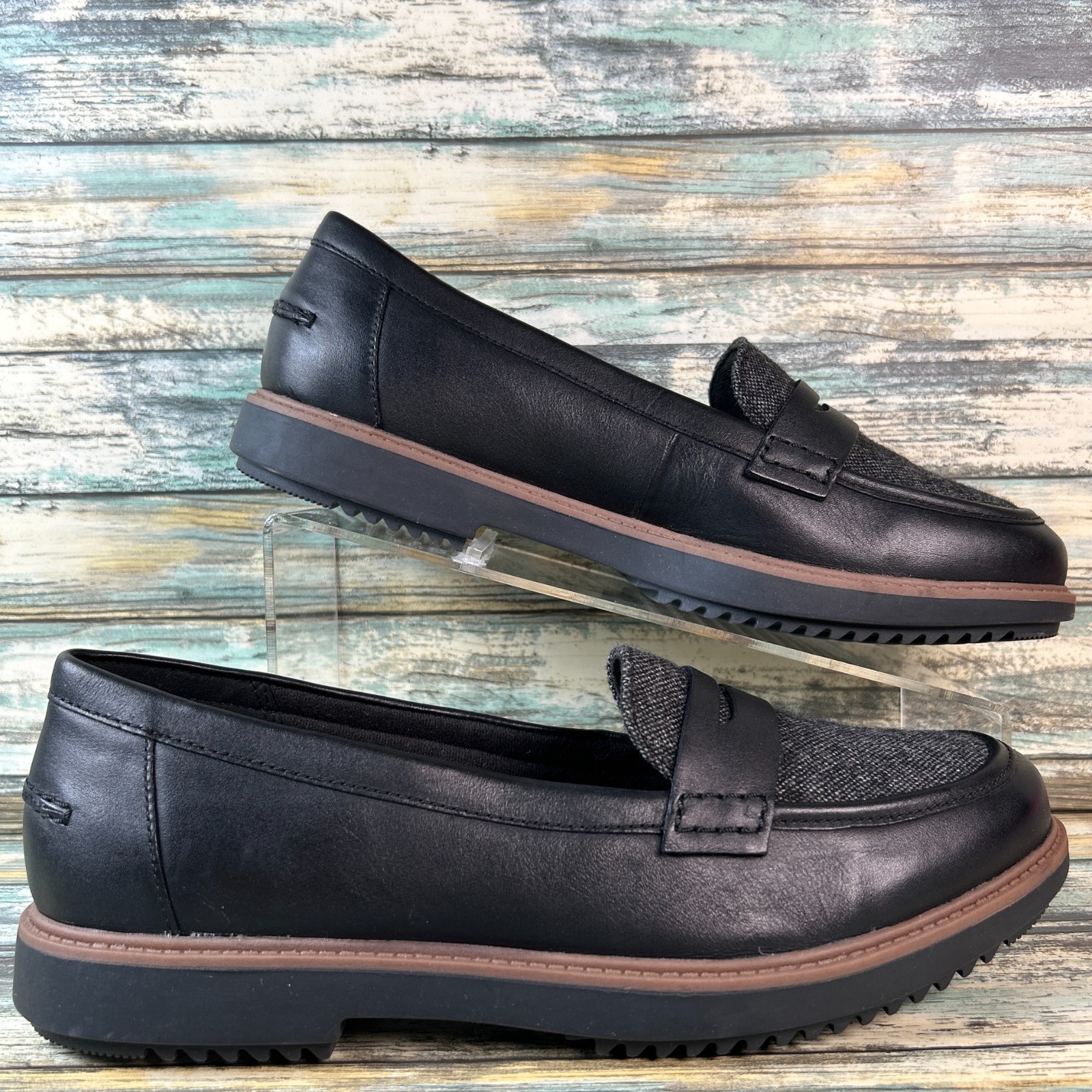 Clarks Black Leather Tweed Loafers Slip-On Dress Flats Size 10M Moc Toe Comfort Shoes-image